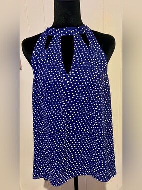 Women’s Navy Blue Polka Dot Halter Neck Women's Top with cut outs.  Sz XL. B8